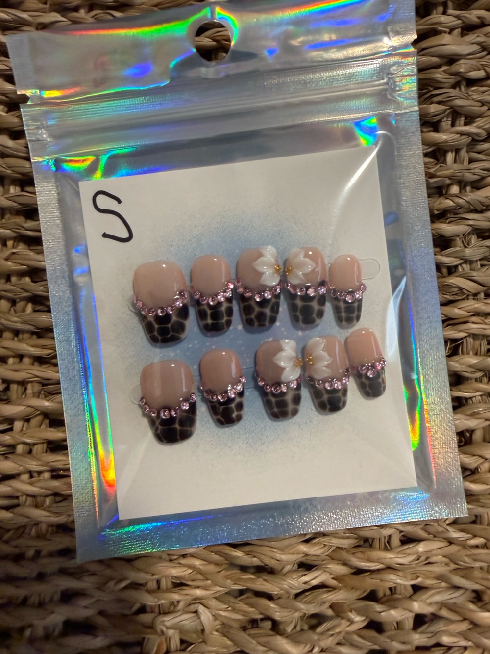 Nude Pink Leopard Floral Press-On Nails with Pink Rhinestones